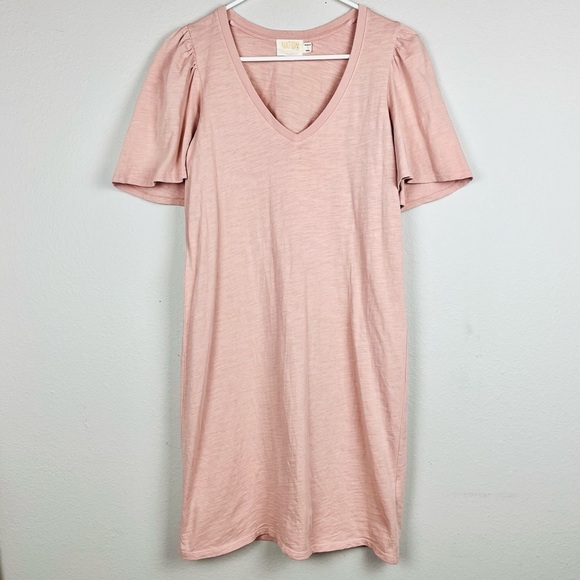 Nation LTD Mallory Pink Flutter Sleeve V-Neck Cotton Shift T-Shirt Dress - Picture 3 of 6